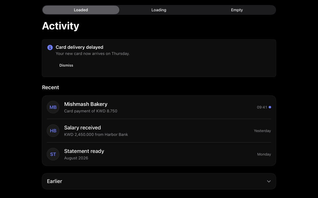 activity-feed on iPad, dark