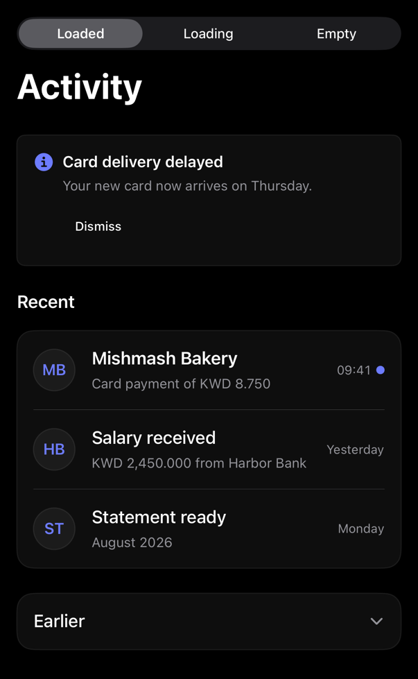 activity-feed preview, dark