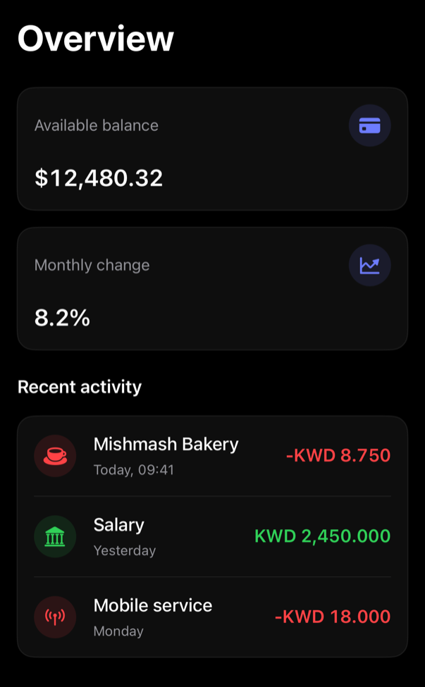 finance-overview preview, dark
