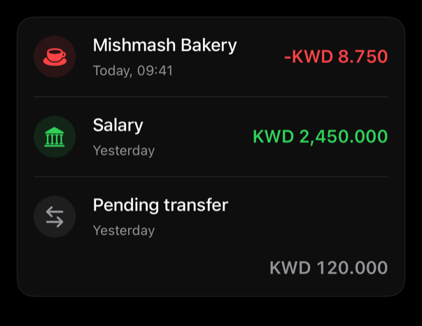 transaction-row preview, dark